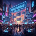 RMG Forums (Nexus): A holographic display showing multiple forum threads and user icons, symbolizing community discussion across the RMG Nexus Universe.