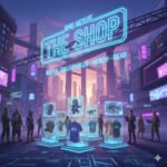 Shop: A sleek, futuristic market display filled with digital and physical merchandise related to the Rebootica games and RMG Nexus lore.