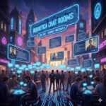 Chat Rooms: Multiple holographic text windows showing real-time, direct conversations between user icons, symbolizing the Rebootica chat rooms.